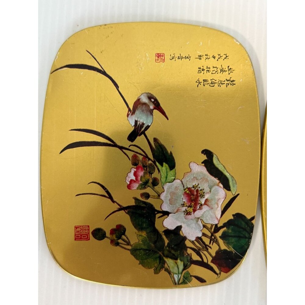 Asian Bird Floral Trivet Set of 3 Golden Serving Coaster w/Cork Back Vintage - Picture 11 of 13